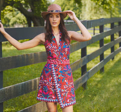 Sleeveless Paisley Wrap Skirt Short Dress In Brown Multi