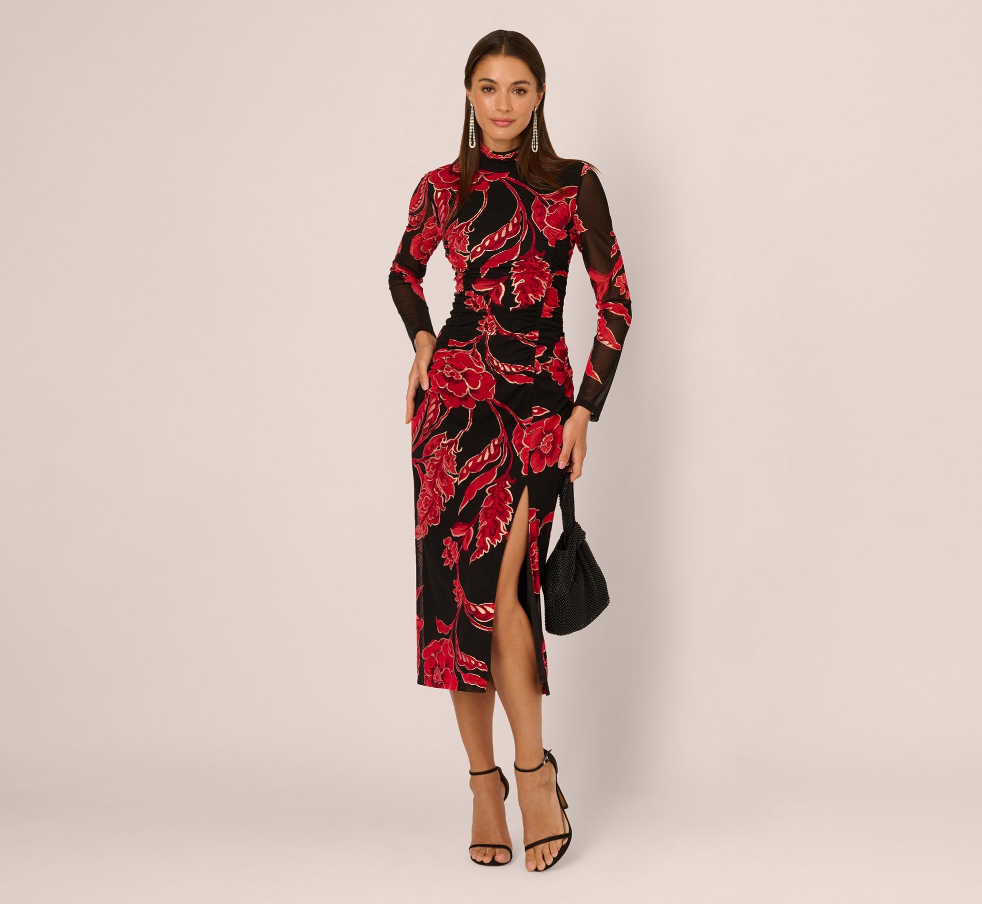 Long Sleeve Floral Mesh Bodycon Midi Dress In Black Multi