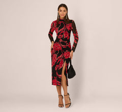 Long Sleeve Floral Mesh Bodycon Midi Dress In Black Multi
