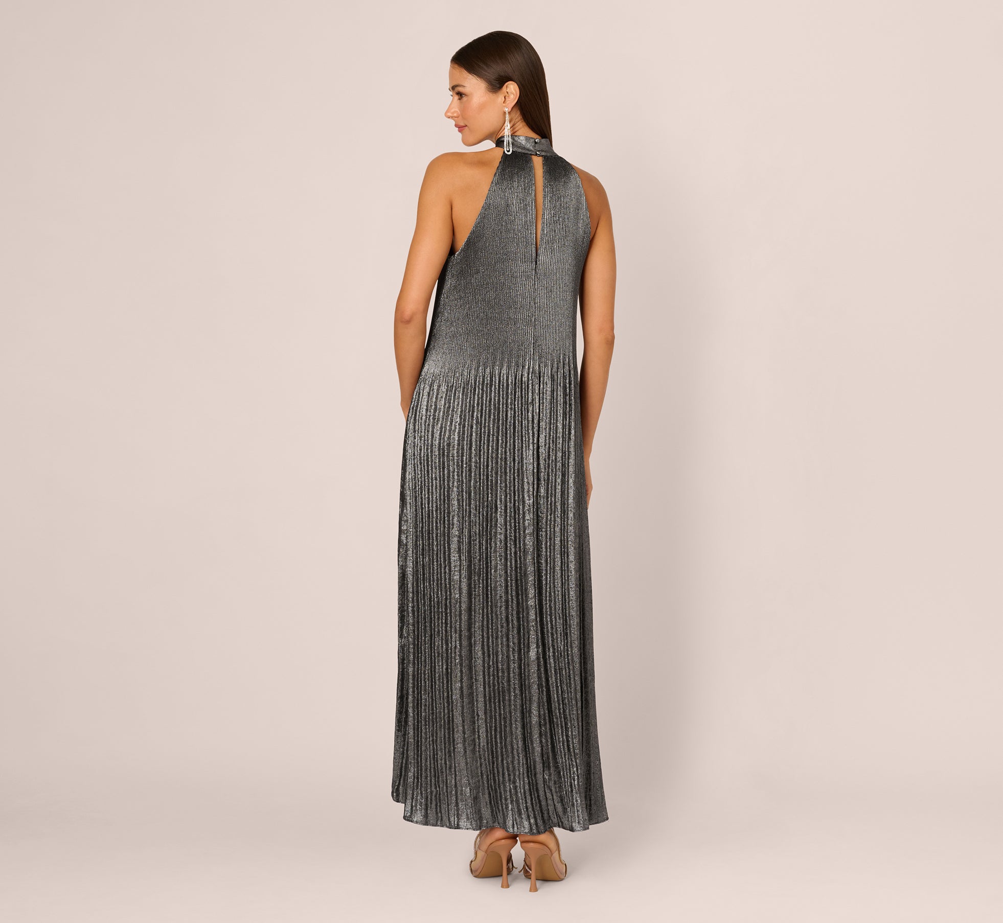 Pleated Metallic High Low Maxi Halter Dress In Gunmetal Black