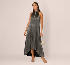 Pleated Metallic High Low Maxi Halter Dress In Gunmetal Black