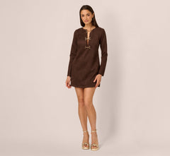 Long Sleeve Microsuede Shift Dress In Dark Brown