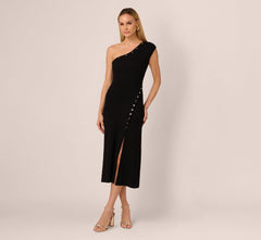One Shoulder Studded Knit Midi Dress In Black