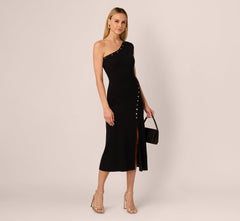 One Shoulder Studded Knit Midi Dress In Black