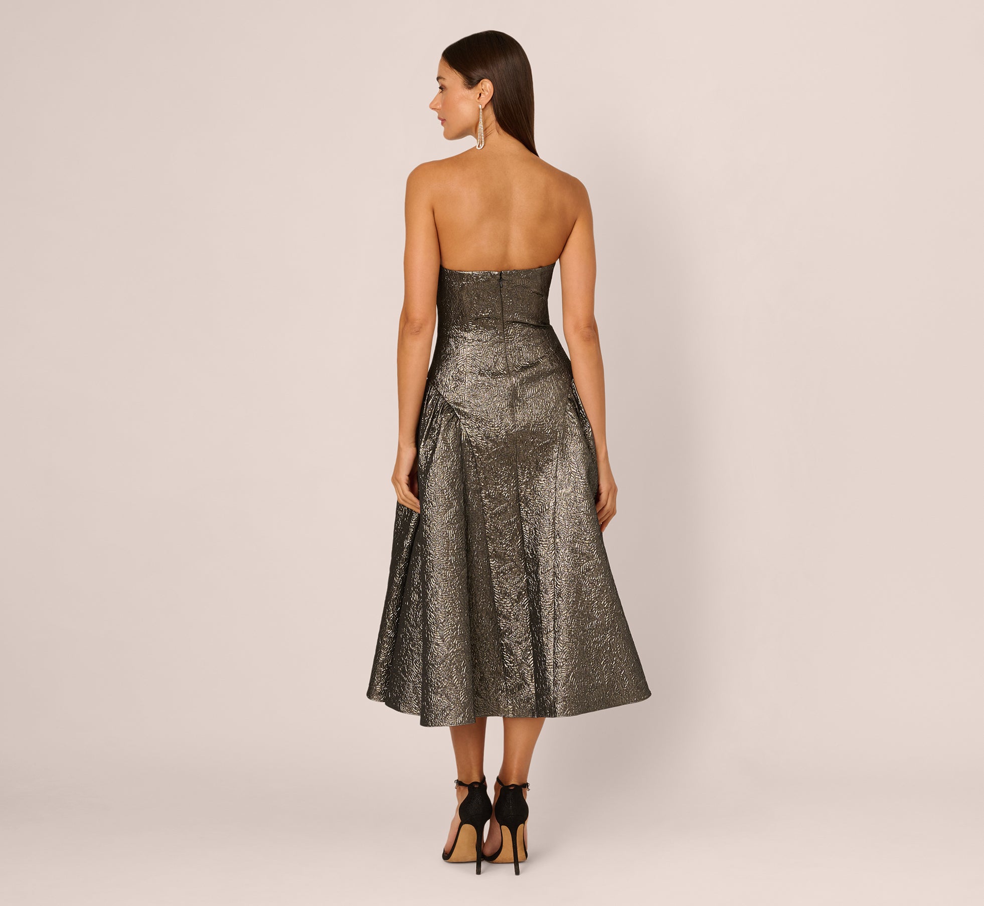 Strapless Drop Waist Metallic Midi Dress In Gunmetal
