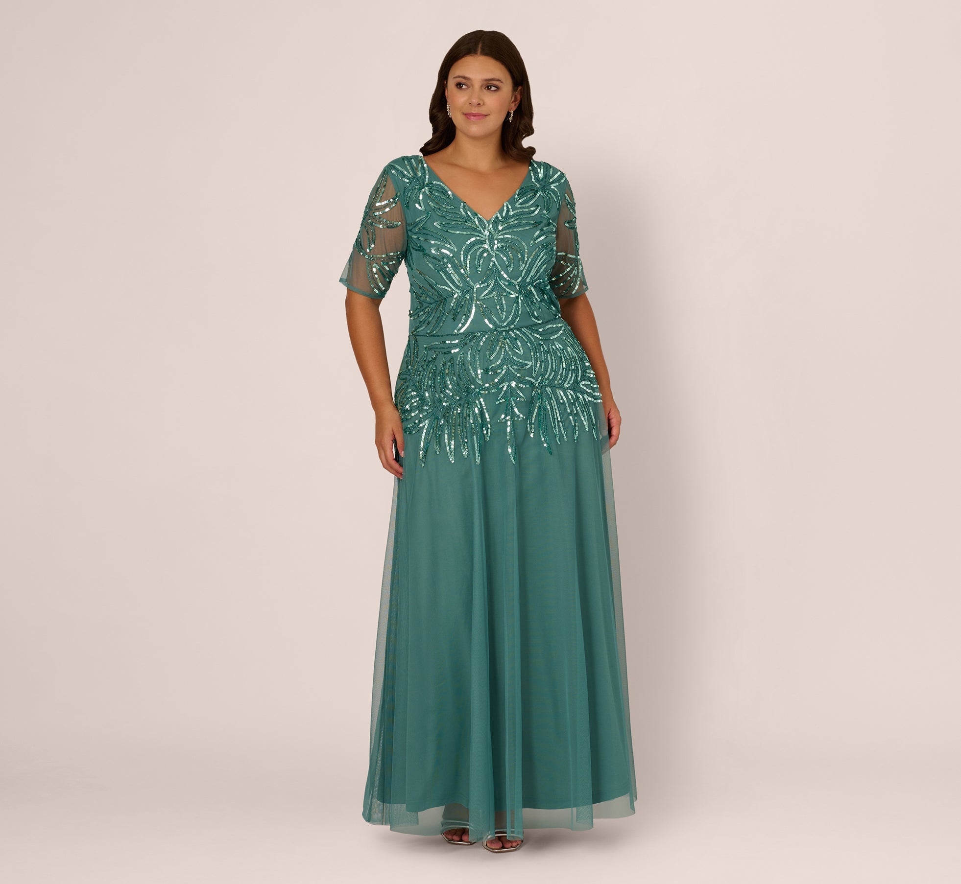 Plus Size Beaded Mesh Long Dress In Green Slate