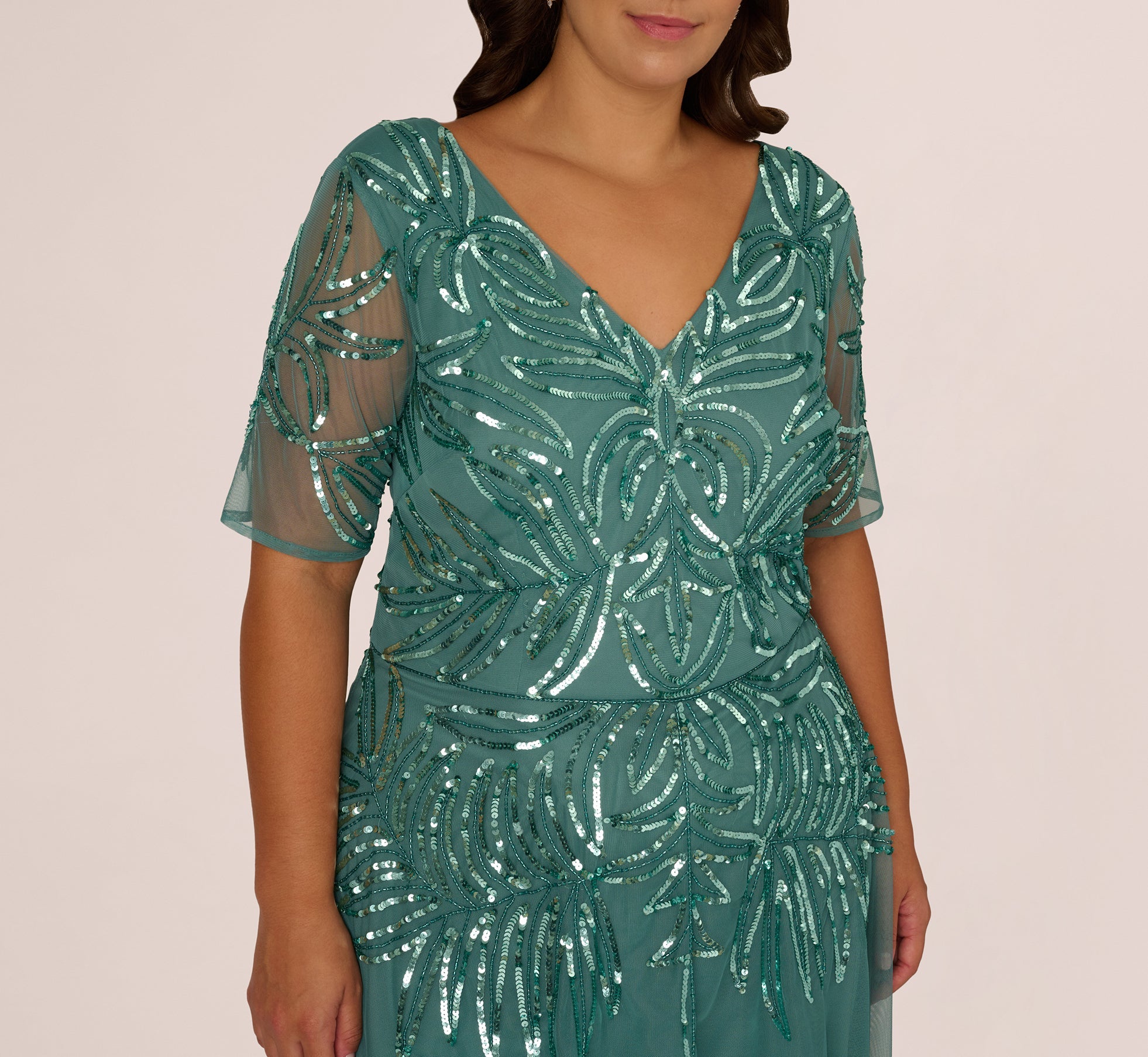Plus Size Beaded Mesh Long Dress In Green Slate
