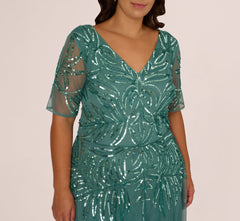 Plus Size Beaded Mesh Long Dress In Green Slate
