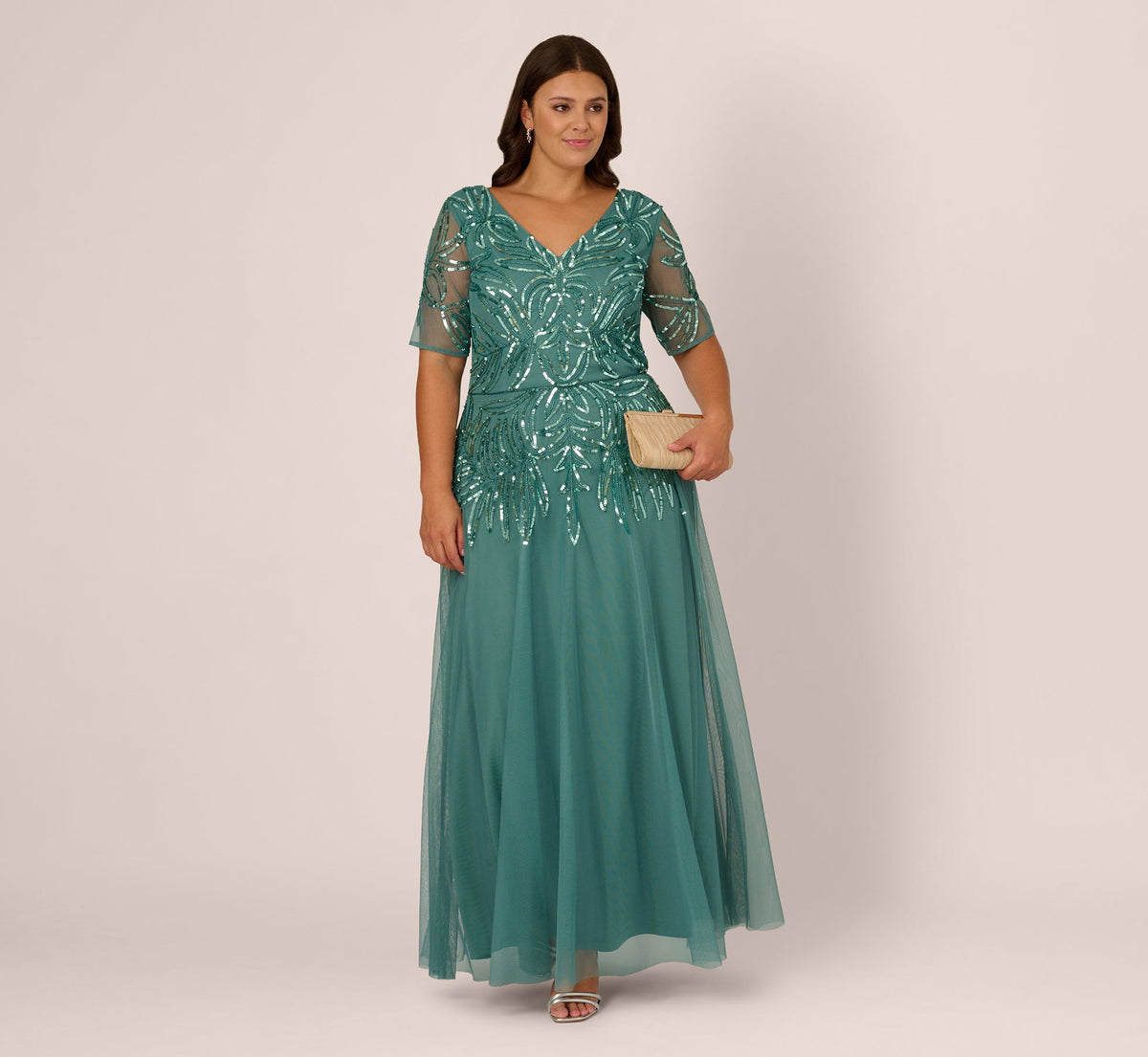 Plus Size Beaded Mesh Long Dress In Green Slate
