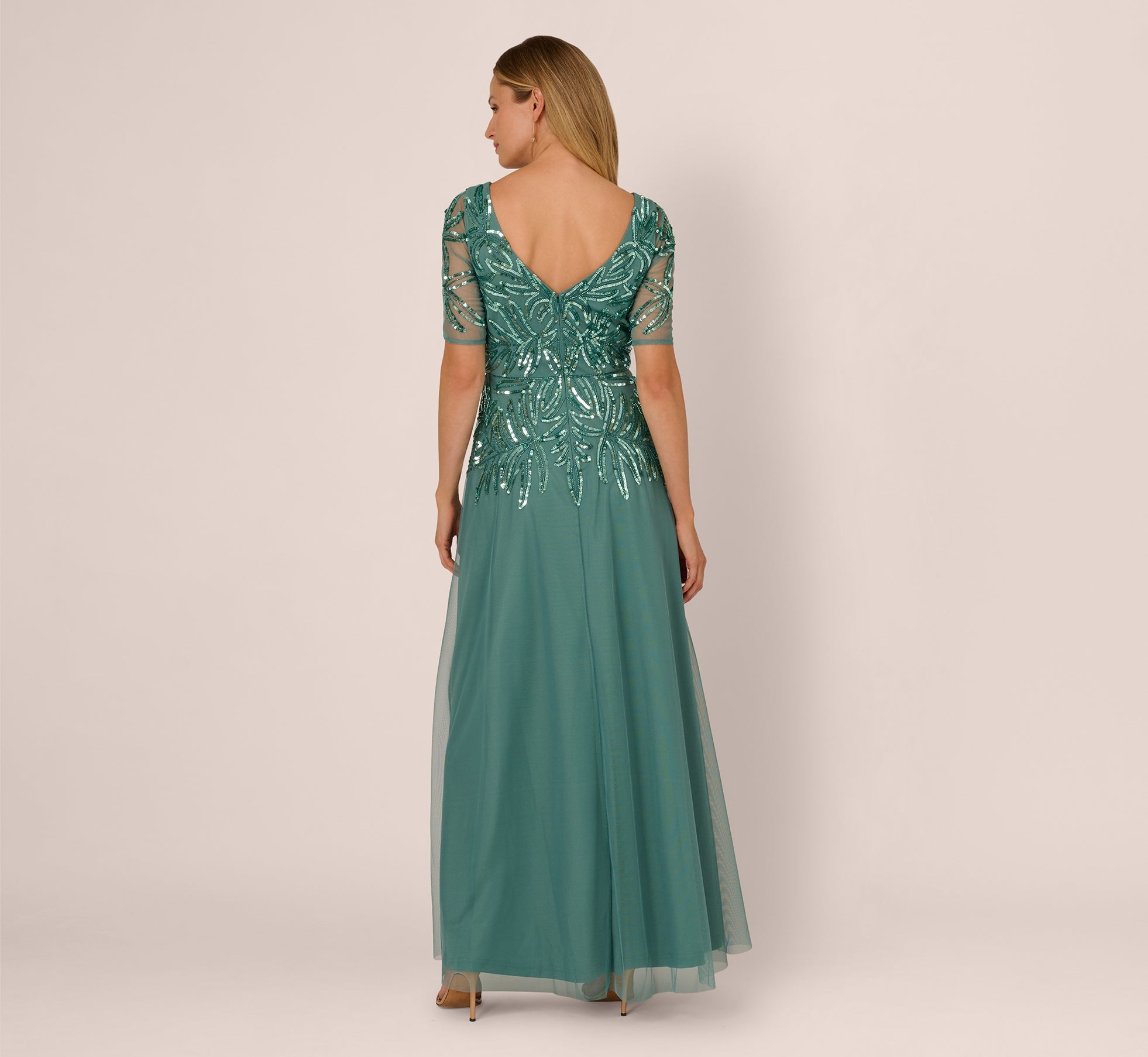 Beaded Mesh Long Dress In Green Slate
