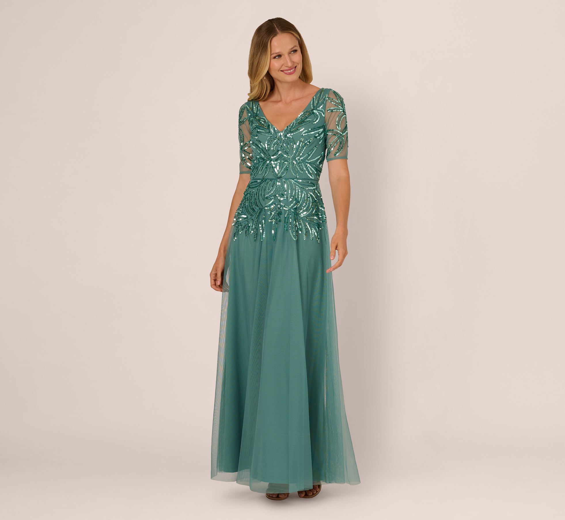 Beaded Mesh Long Dress In Green Slate