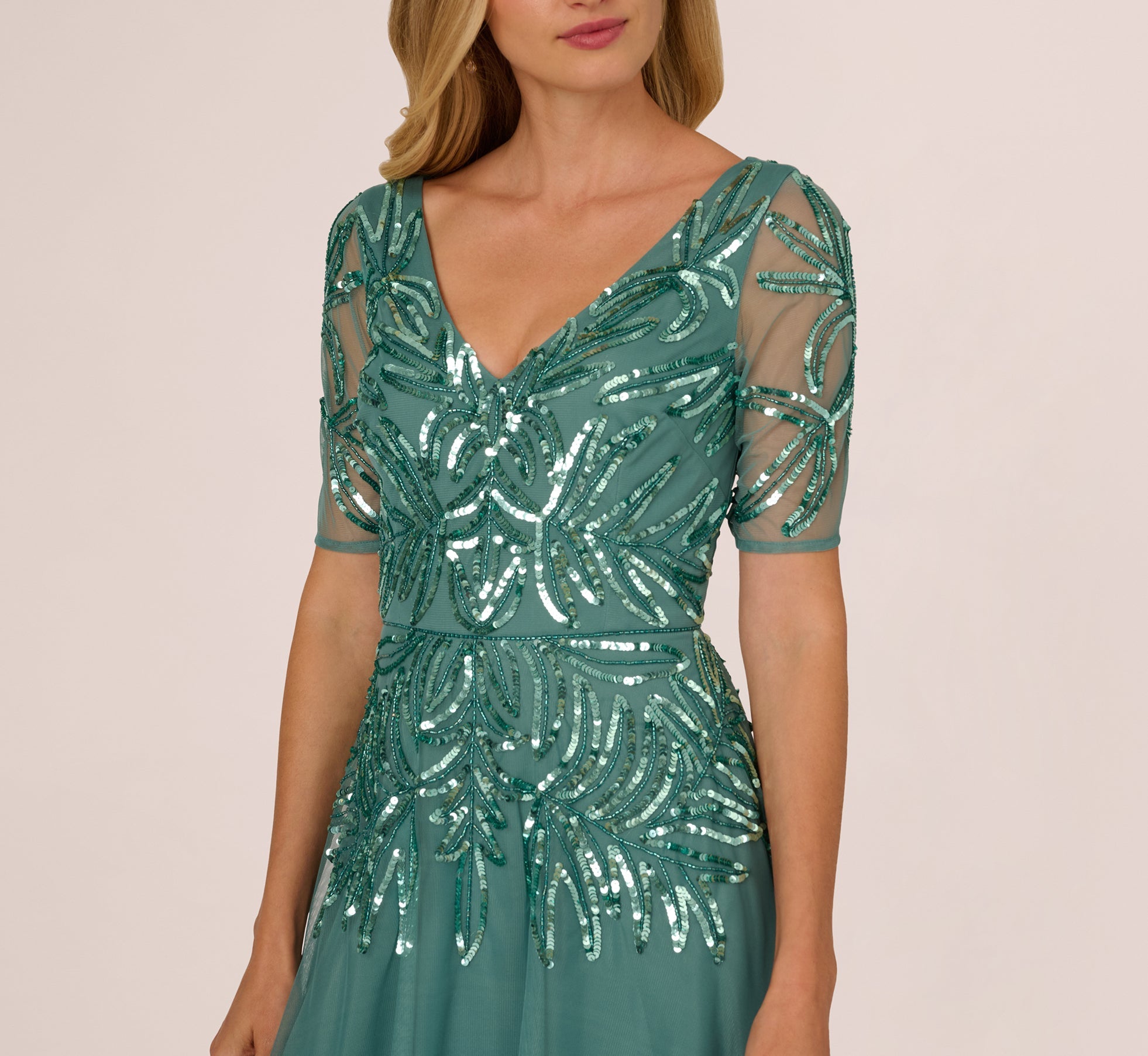 Beaded Mesh Long Dress In Green Slate