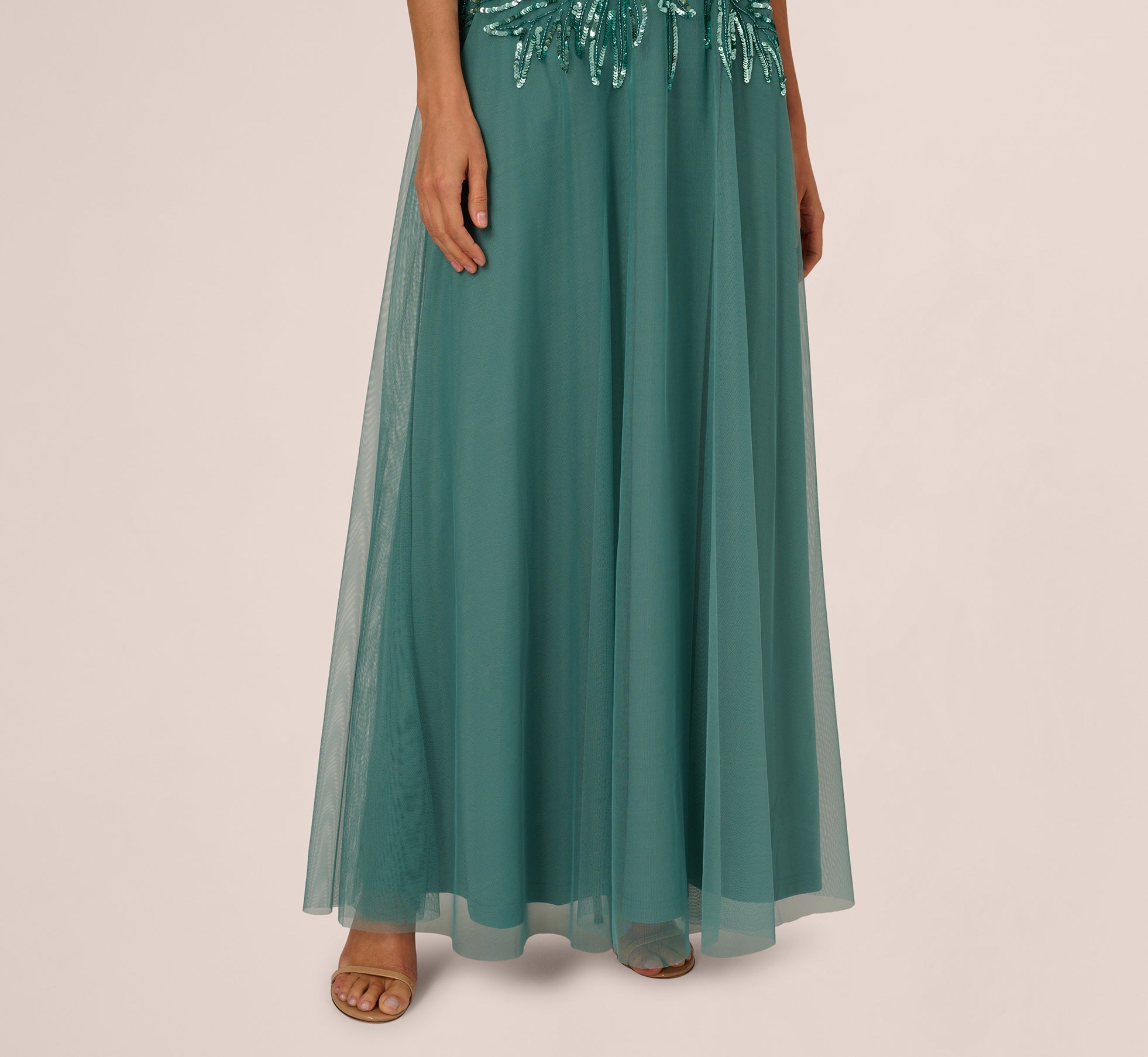 Beaded Mesh Long Dress In Green Slate