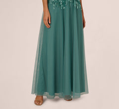 Beaded Mesh Long Dress In Green Slate