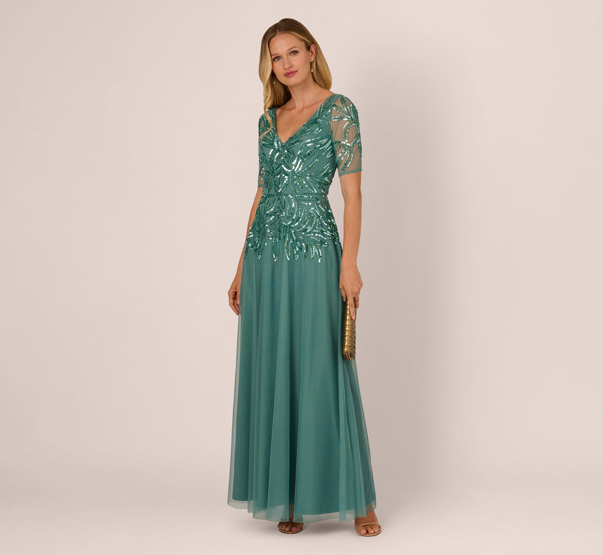 Beaded Mesh Long Dress In Green Slate