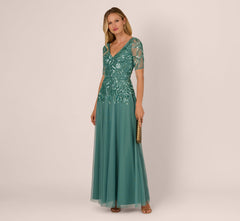 Beaded Mesh Long Dress In Green Slate