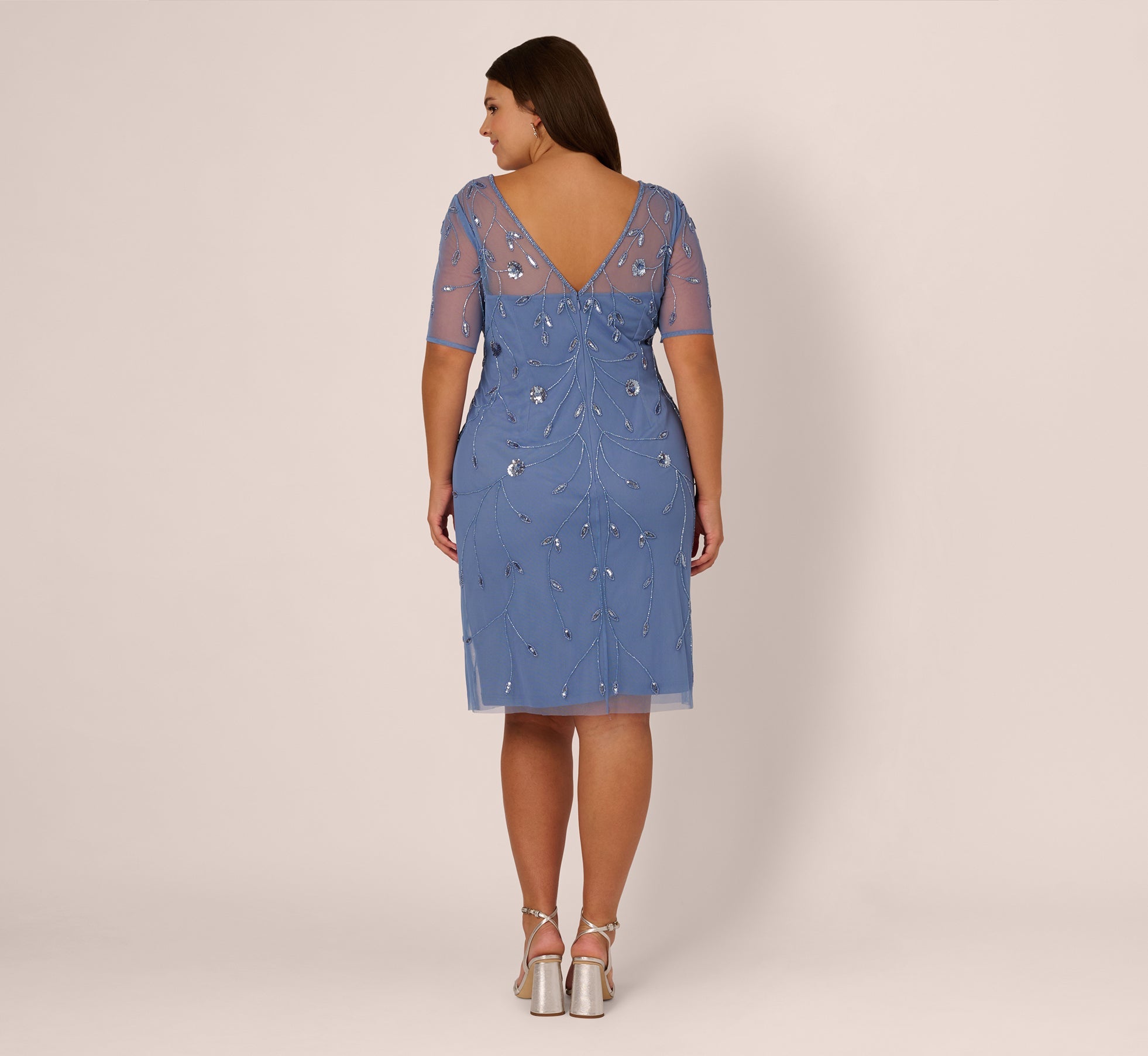 Plus Size Short Sleeve Illusion Floral Beaded Sheath Dress In French Blue