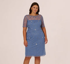 Plus Size Short Sleeve Illusion Floral Beaded Sheath Dress In French Blue
