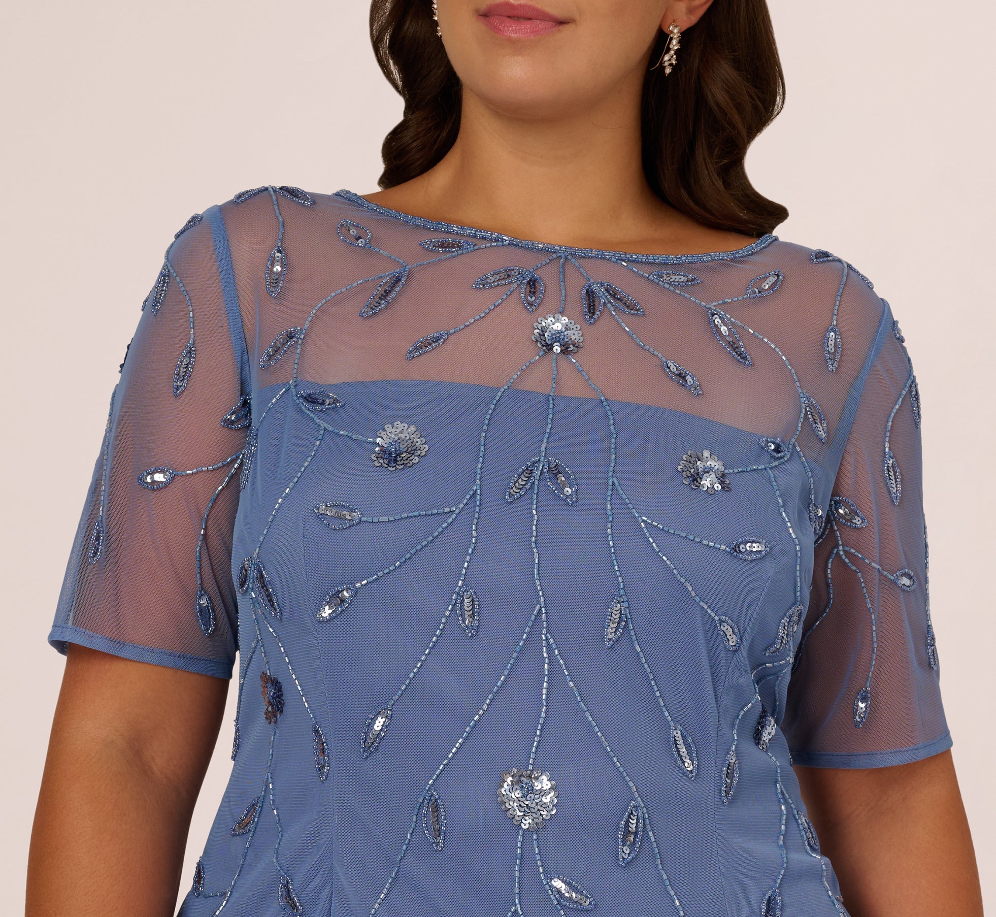 Plus Size Short Sleeve Illusion Floral Beaded Sheath Dress In French Blue