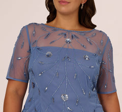 Plus Size Short Sleeve Illusion Floral Beaded Sheath Dress In French Blue