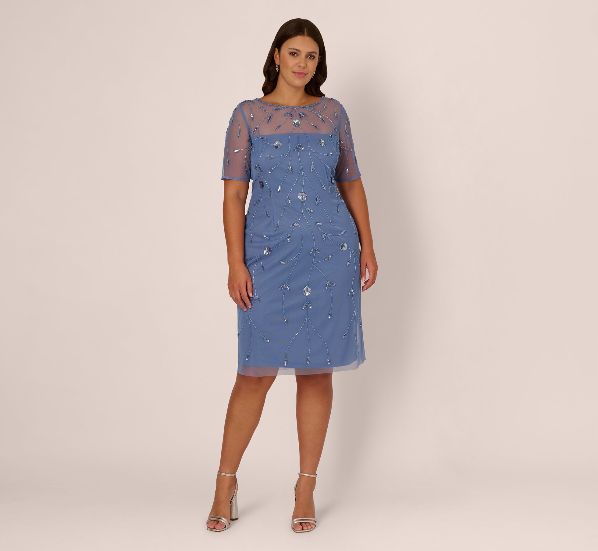 Plus Size Short Sleeve Illusion Floral Beaded Sheath Dress In French Blue