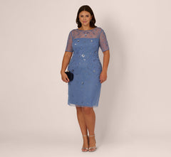 Plus Size Short Sleeve Illusion Floral Beaded Sheath Dress In French Blue