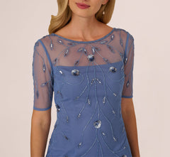 Short Sleeve Illusion Floral Beaded Sheath Dress In French Blue