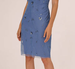 Short Sleeve Illusion Floral Beaded Sheath Dress In French Blue