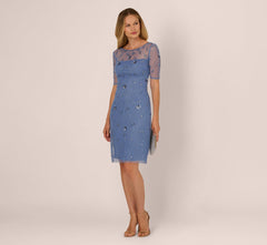 Short Sleeve Illusion Floral Beaded Sheath Dress In French Blue