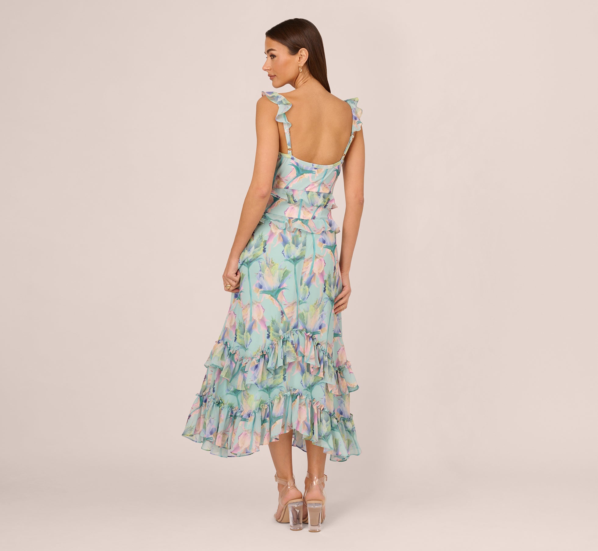 Sleeveless Floral Print High Low Maxi Dress With Ruffle Trim In Mint Multi