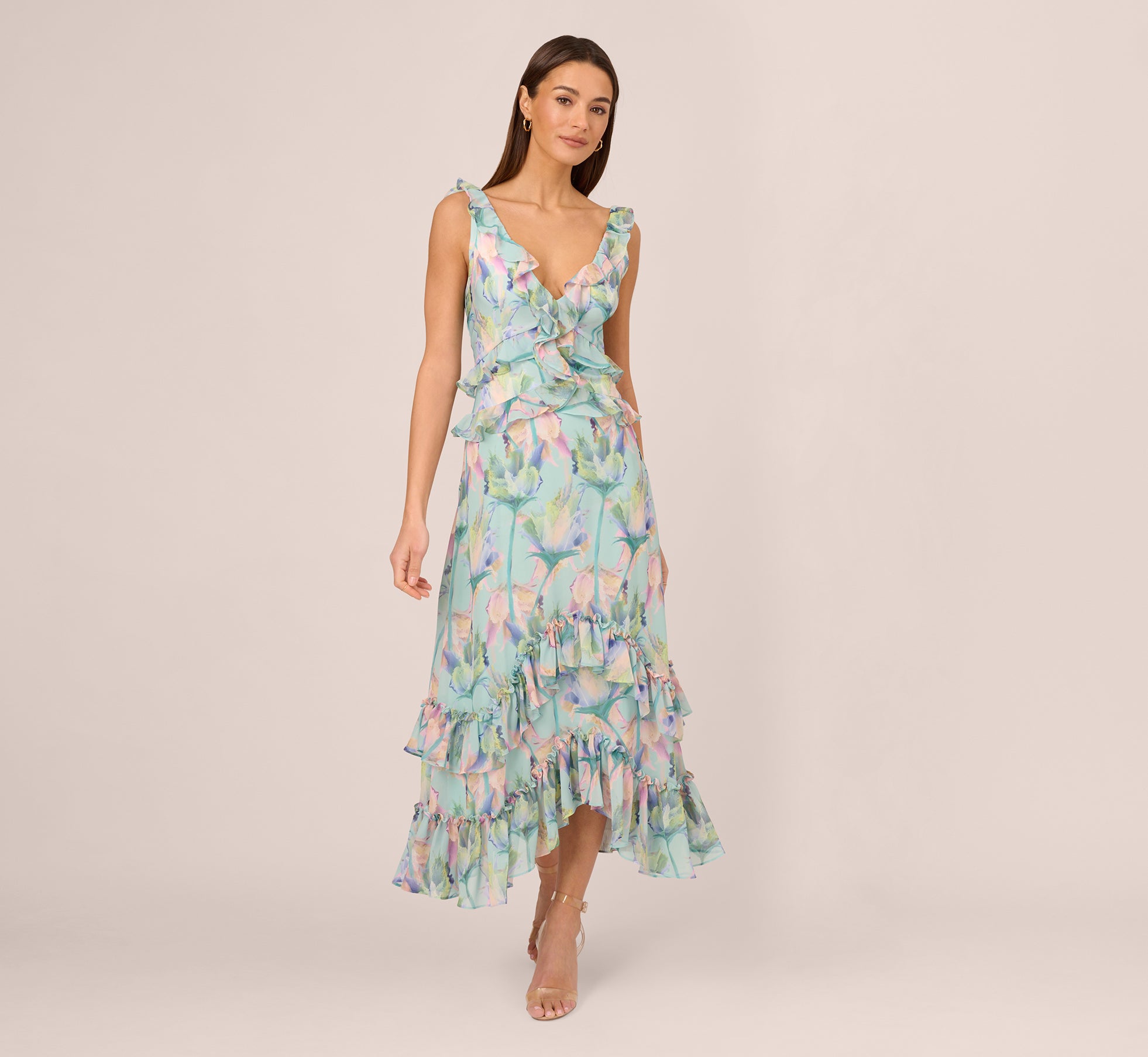 Sleeveless Floral Print High Low Maxi Dress With Ruffle Trim In Mint Multi