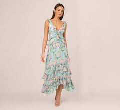 Sleeveless Floral Print High Low Maxi Dress With Ruffle Trim In Mint Multi