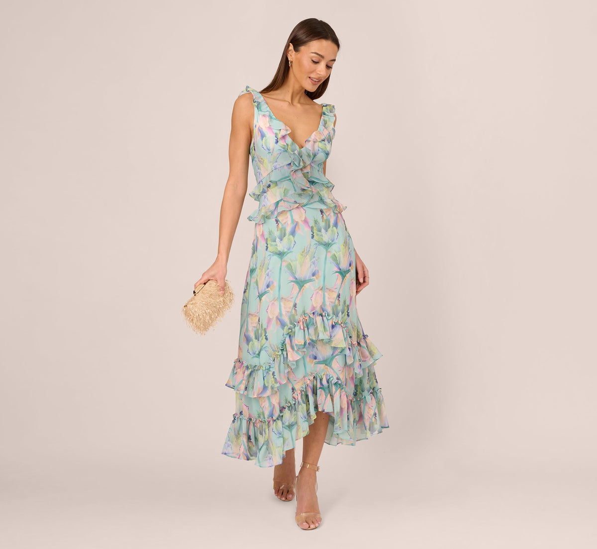 Sleeveless Floral Print High Low Maxi Dress With Ruffle Trim In Mint Multi