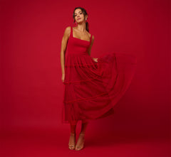 Sleeveless Midi Dress With Square Neck And Tiered Skirt In Matador Red