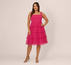 Plus Size Sleeveless Midi Dress With Square Neck And Tiered Skirt In Bright Rose