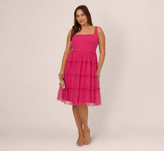 Plus Size Sleeveless Midi Dress With Square Neck And Tiered Skirt In Bright Rose