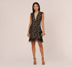 Cap Sleeve Lace Cocktail Dress With Feather Trim In Black Nude