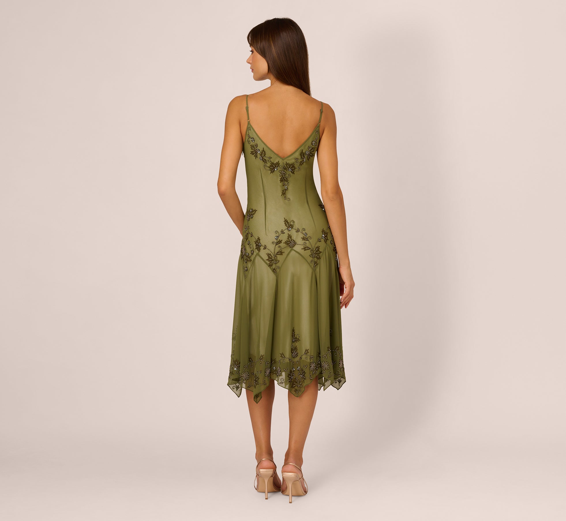 Vintage Beaded Midi Fairy Dress With Sharkbite Hem In Olive