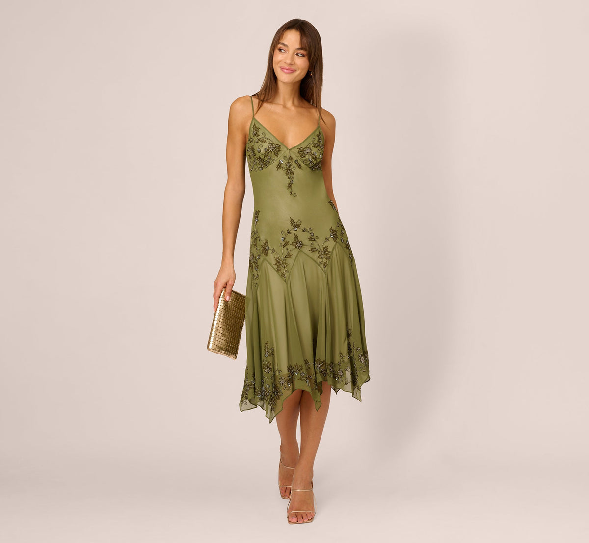 Vintage Beaded Midi Fairy Dress With Sharkbite Hem In Olive
