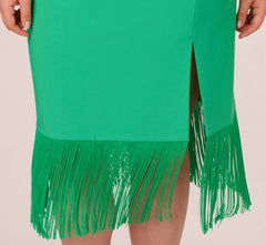 Plus Size Stretch Crepe Popover Midi Dress With Fringe Hem In Summer Green