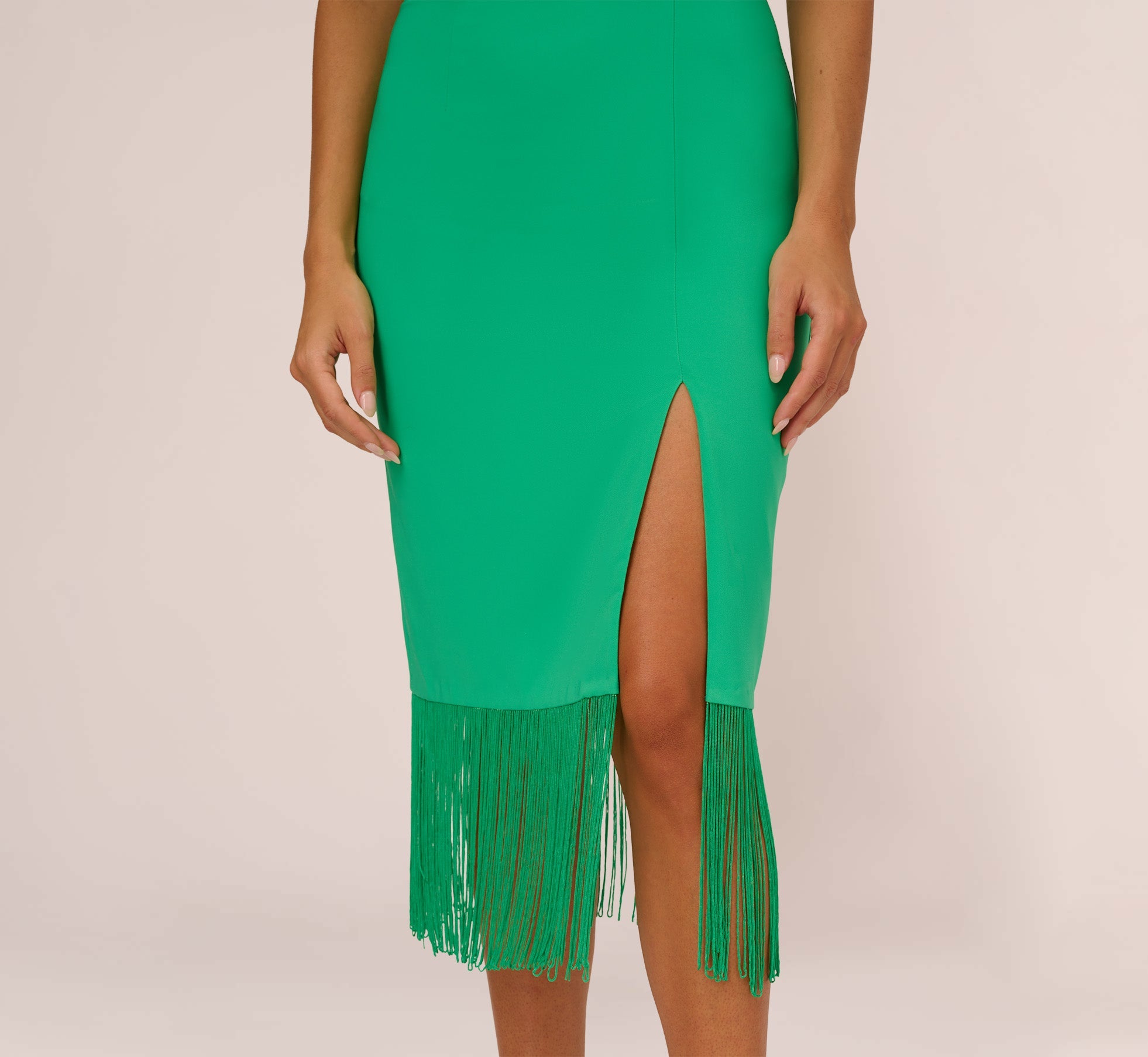 Stretch Crepe Popover Midi Dress With Fringe Hem In Summer Green