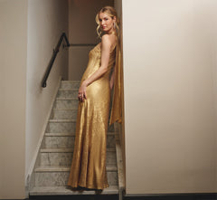 Foiled Mermaid Gown With Halter Neckline In Light Gold