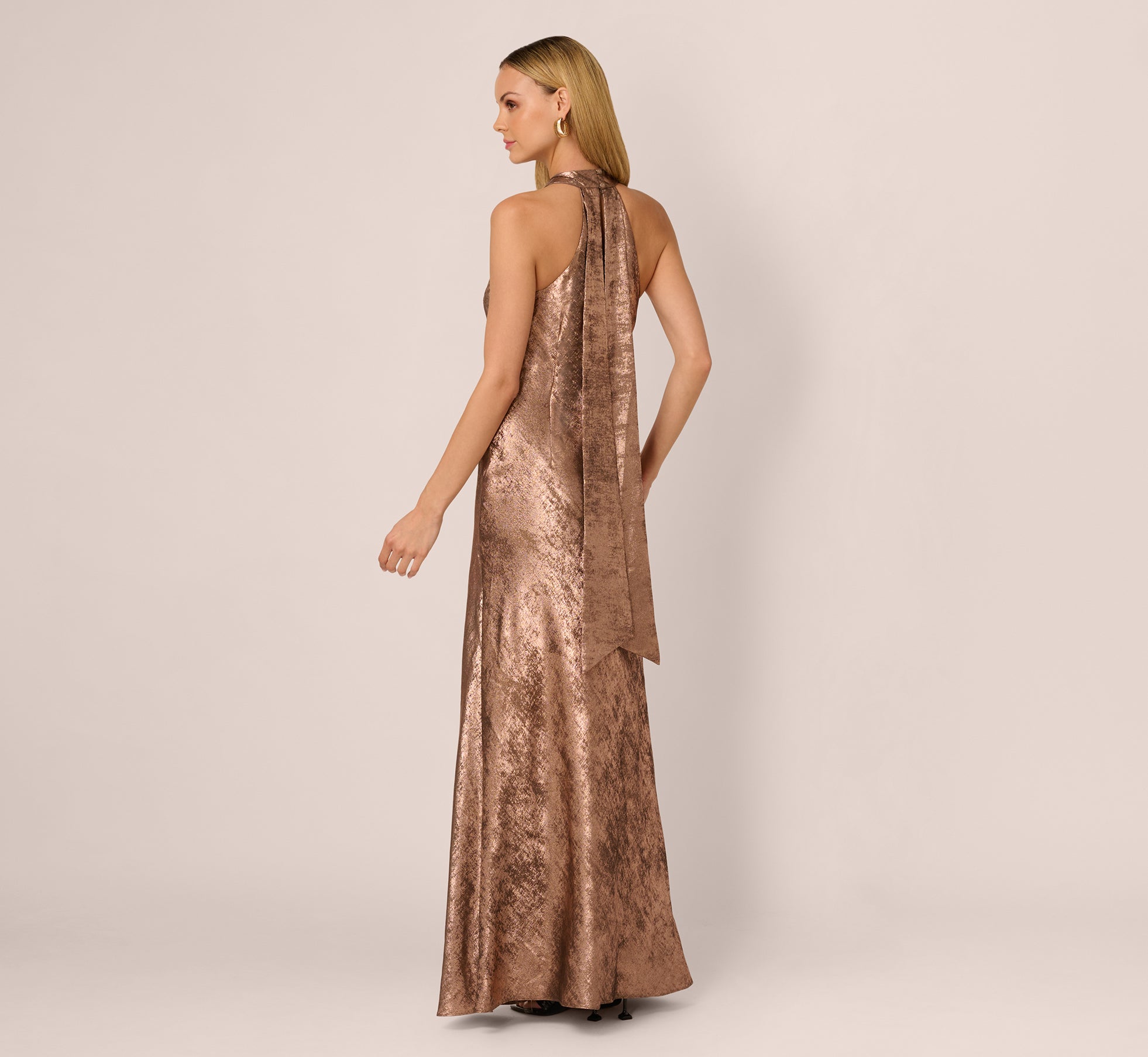 Foiled Mermaid Gown With Halter Neckline In Mocha