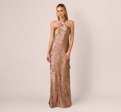 Foiled Mermaid Gown With Halter Neckline In Mocha