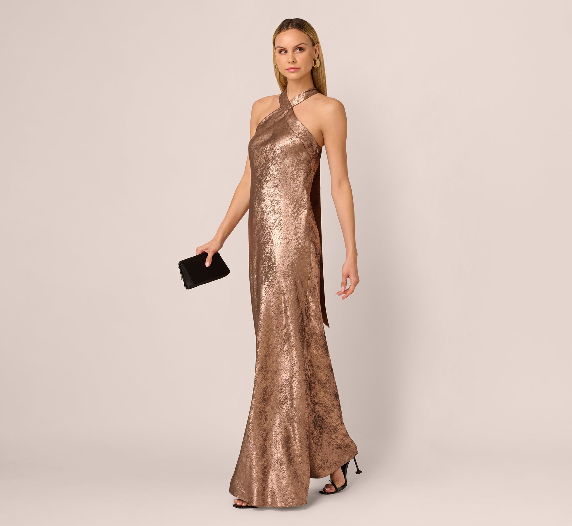 Foiled Mermaid Gown With Halter Neckline In Mocha