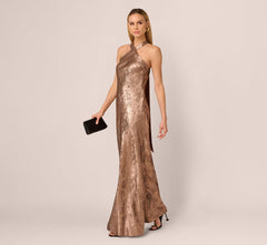 Foiled Mermaid Gown With Halter Neckline In Mocha