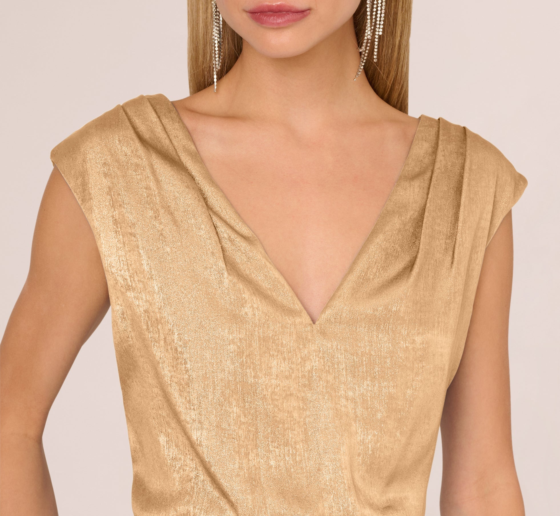 Foil Blouson Midi Dress With Faux Wrap Skirt In Light Gold