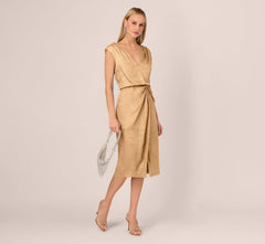 Foil Blouson Midi Dress With Faux Wrap Skirt In Light Gold