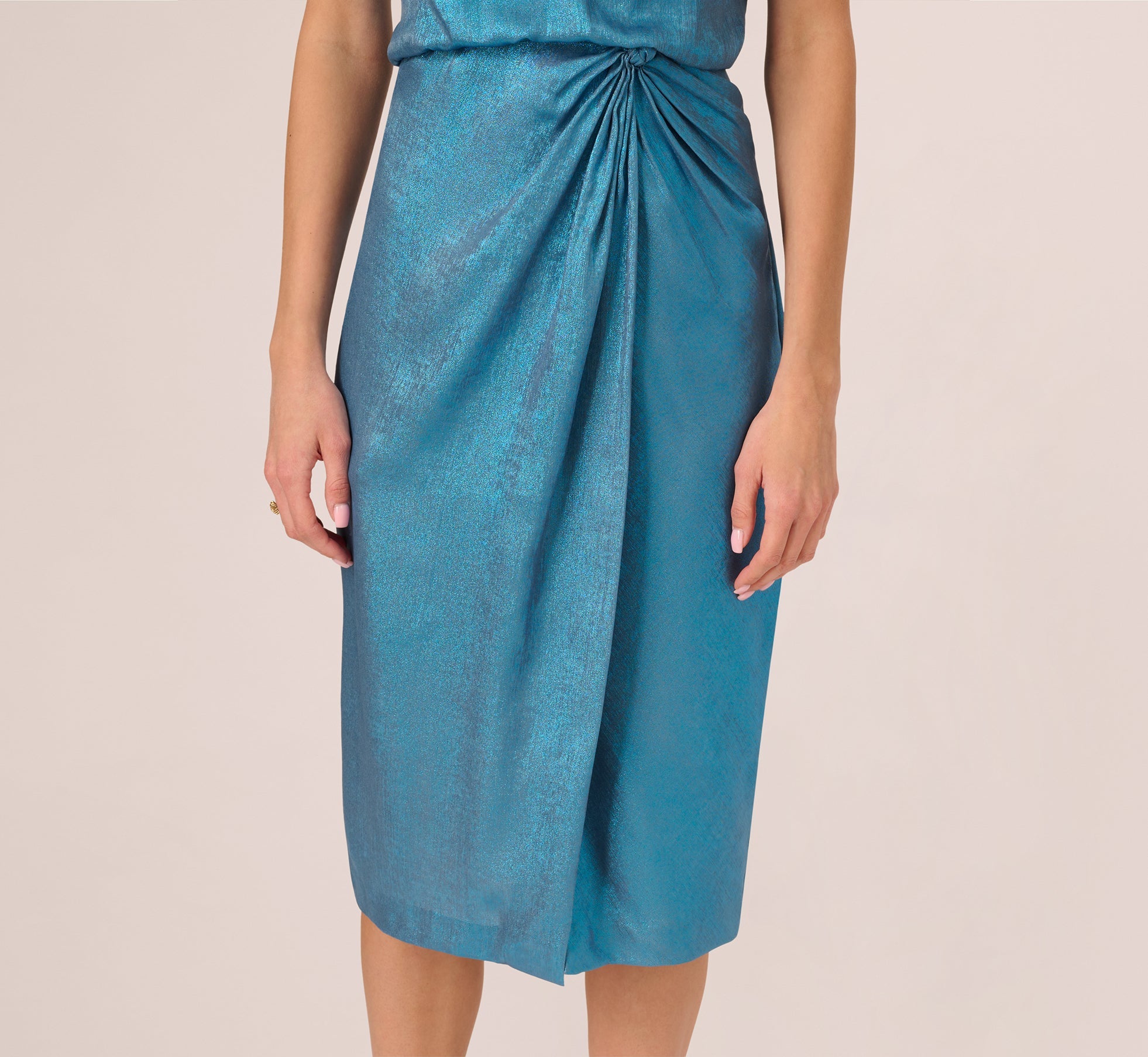 Foil Blouson Midi Dress With Faux Wrap Skirt In Ocean Dream
