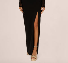 Long Sleeve Knit Crepe Mesh Illusion Column Dress In Black